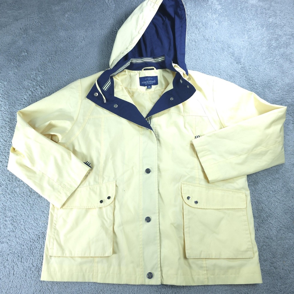 Mackintosh‎ New England Jacket Womens XL Yellow Hooded Rain Snap Front Pockets